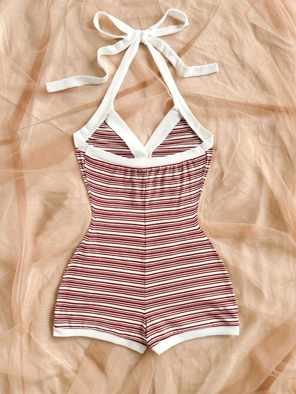 Women's one-piece romper with stripe pattern and button placket – summer fashion for vacation & leisure