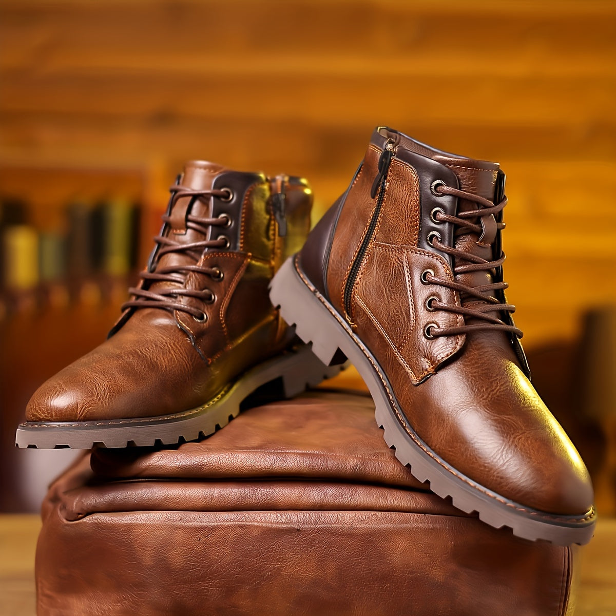 Herren Worker Boots Braun Schnürstiefeletten mit Reißverschluss & Profilsohle