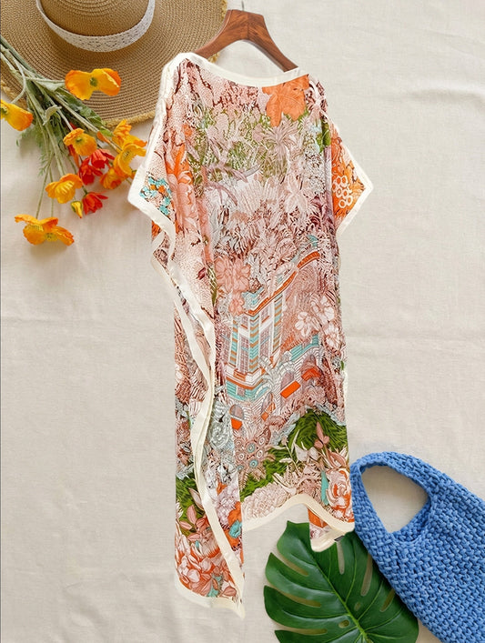 Women's Boho Beach Poncho – Asymmetrical, Floral Pattern, Perfect for Vacation & Summer