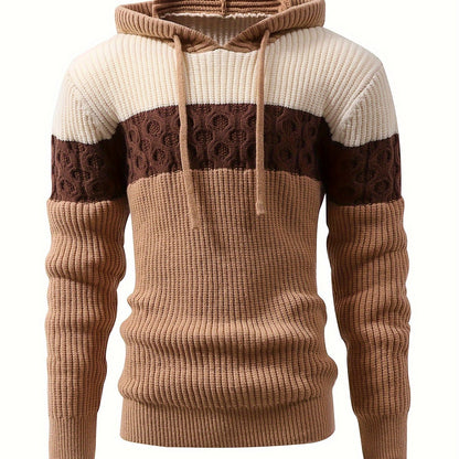 Herren Hoodie Pullover mit Kapuze Blockstreifen Gerippt Braun Beige