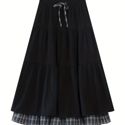Women's floor-length tiered skirt with a checked underskirt and drawstring