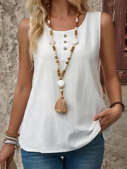 Women's Casual Sleeveless Henley Top with Button Placket – Relaxed Summer Fashion