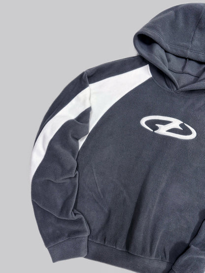 Gray fleece hoodie with logo and white stripes