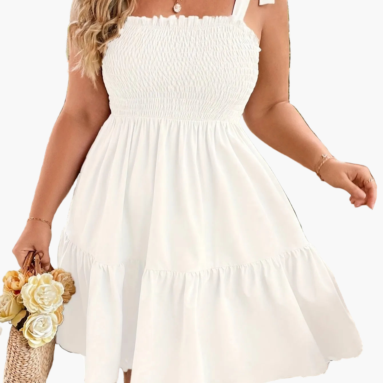 Women's Summer Mini Dress with Smocked Top and Shoulder Bow – Perfect for Vacation and Leisure