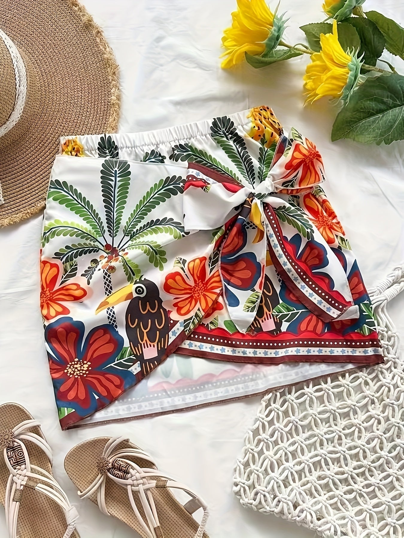 Women's Mini Beach Wrap Skirt with Tropical Pattern and Bow – Summery Vacation Style