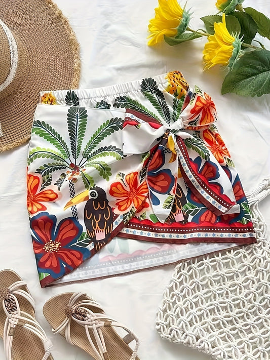Women's Mini Beach Wrap Skirt with Tropical Pattern and Bow – Summery Vacation Style