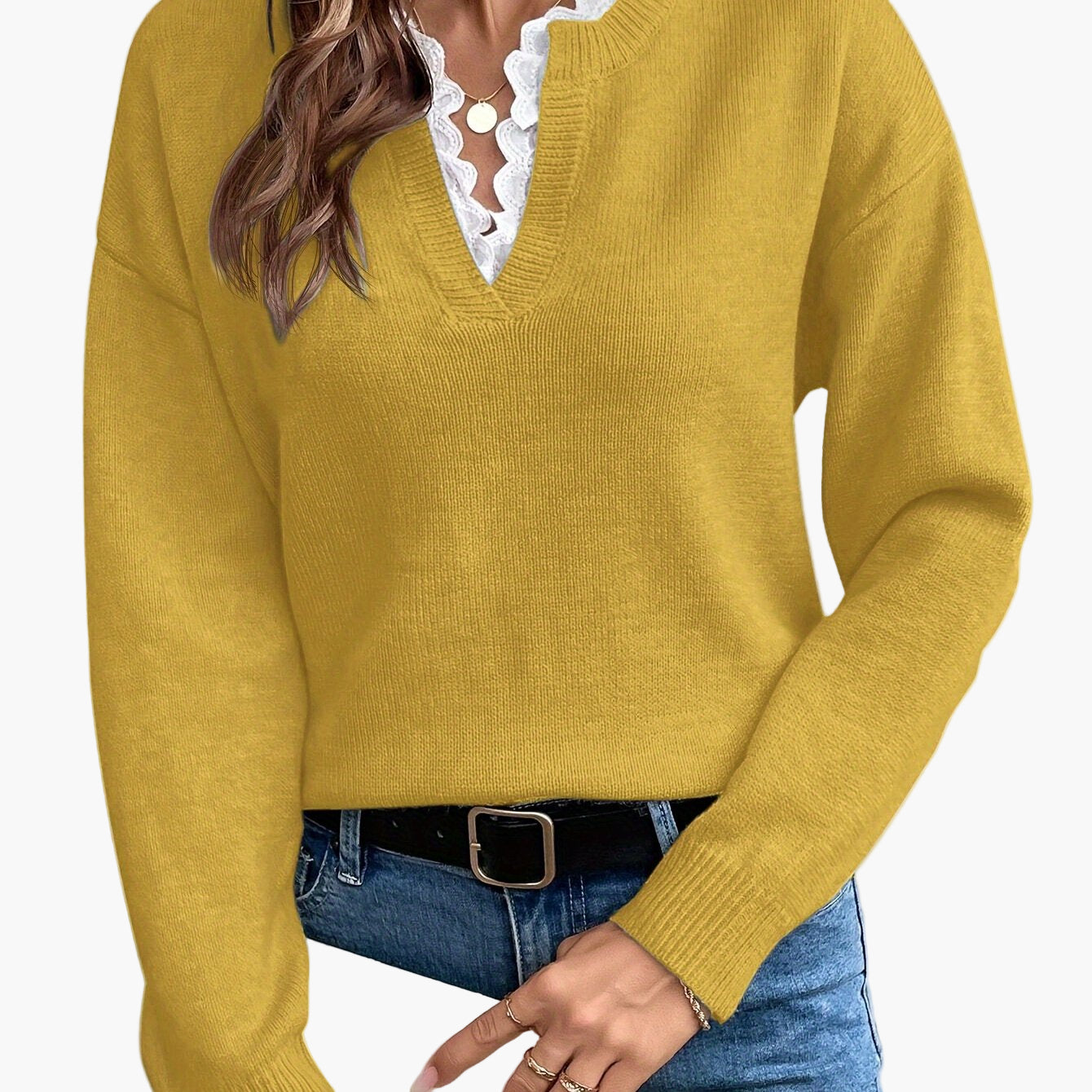 Women's Elegant Knit Sweater with Lace Trim and V-Neck – Ideal for Everyday and Office