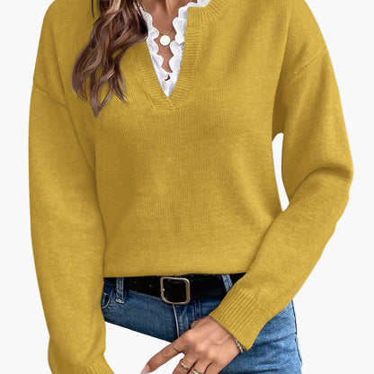 Women's Elegant Knit Sweater with Lace Trim and V-Neck – Ideal for Everyday and Office