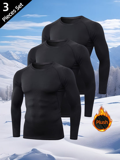 Men's Long-Sleeve Thermal Undershirt Crew Neck Black 3-Piece Set