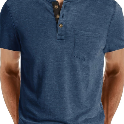 Herren Henley T-Shirt Kurzarm Casual Freizeitshirt mit Knopfleiste und Brusttasche