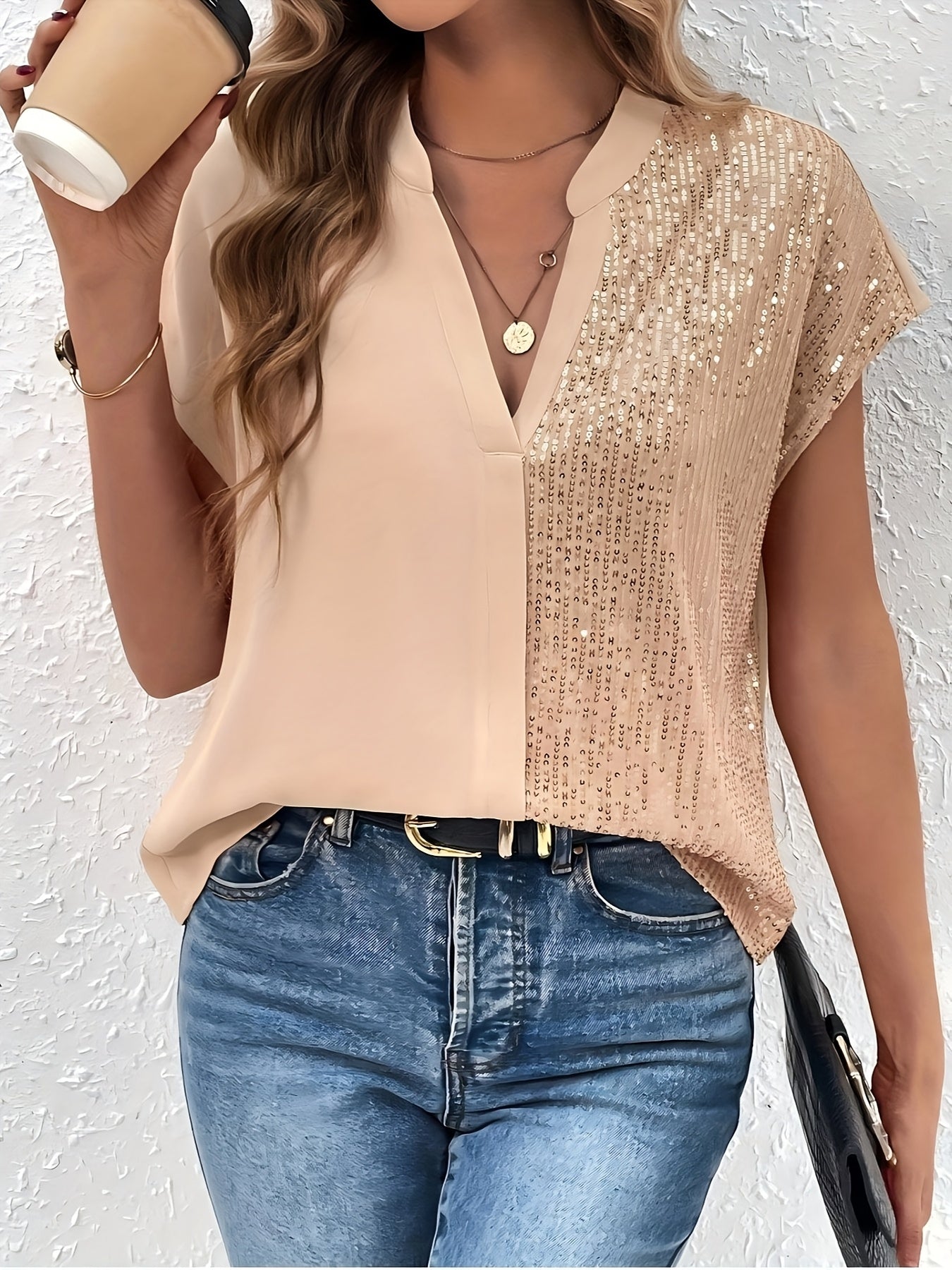 Women's Elegant Blouse with Sequins and V-Neck – Perfect for Office and Everyday Wear