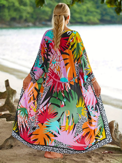Women's Long Beach Kimono with Tropical Print and Animal Details – Perfect for Vacation & Resort