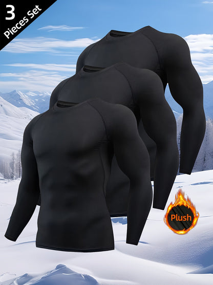 Men's Long-Sleeve Thermal Undershirt Crew Neck Black 3-Piece Set