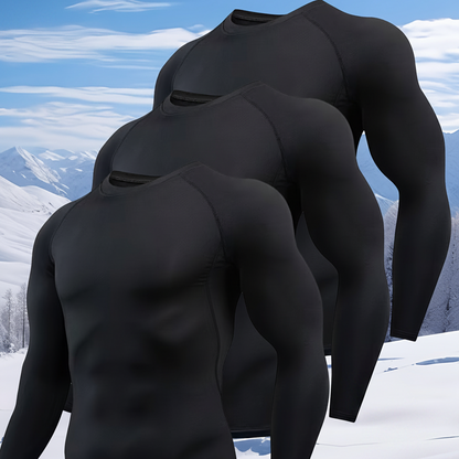 Men's Long-Sleeve Thermal Undershirt Crew Neck Black 3-Piece Set