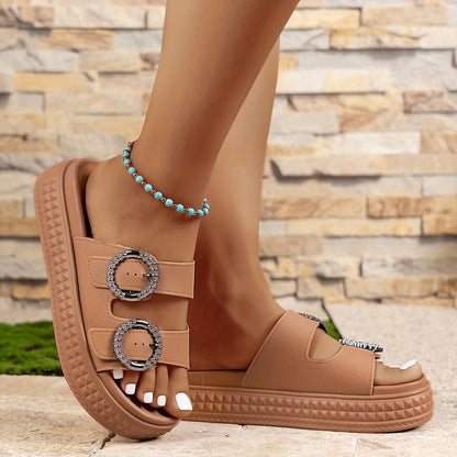 Women's platform sandals with double straps and sparkling buckles – fashionable summer shoes for everyday and leisure use