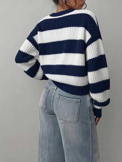 Women's knitted sweater, black and white striped, crew neck, loose fit