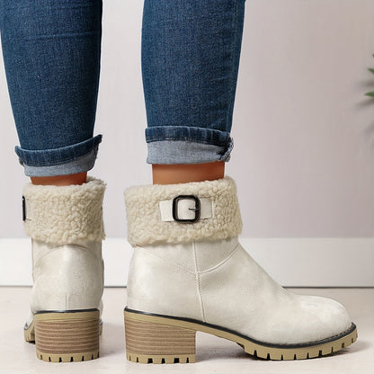 Women’s short winter boots with warm lining, buckle, and heel