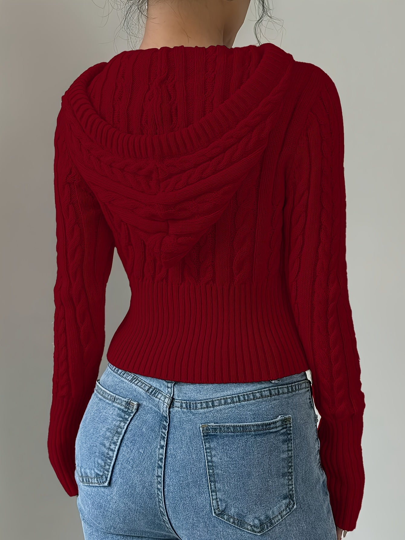 Damen Strickpullover Hoodie Crop Top Zopfmuster Reißverschluss