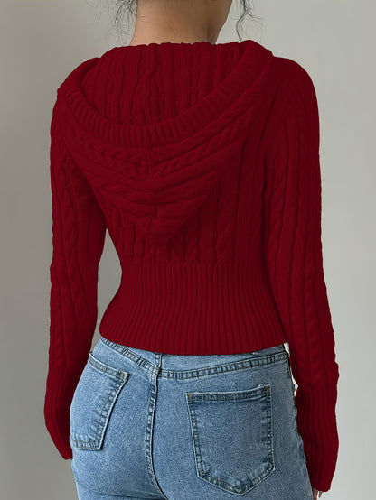 Damen Strickpullover Hoodie Crop Top Zopfmuster Reißverschluss