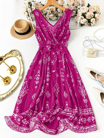 Women's Boho Maxi Dress with Belt and Floral Pattern – Elegant Summer Dress for Leisure and Vacation