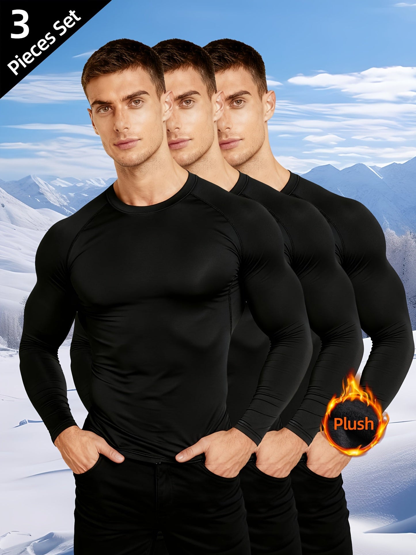 Men's Long-Sleeve Thermal Undershirt Crew Neck Black 3-Piece Set