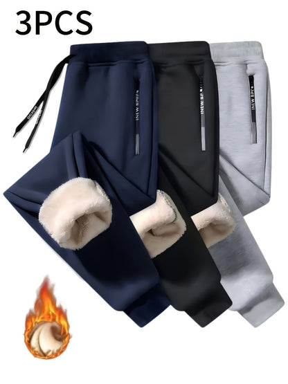 Men’s warm lined sweatpants 3-pack with drawstring and zippered pockets