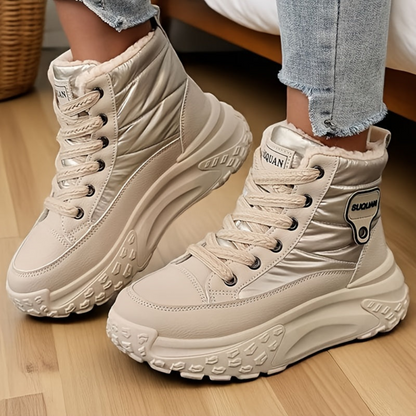 Women's winter boots, warm-lined beige high-top sneakers
