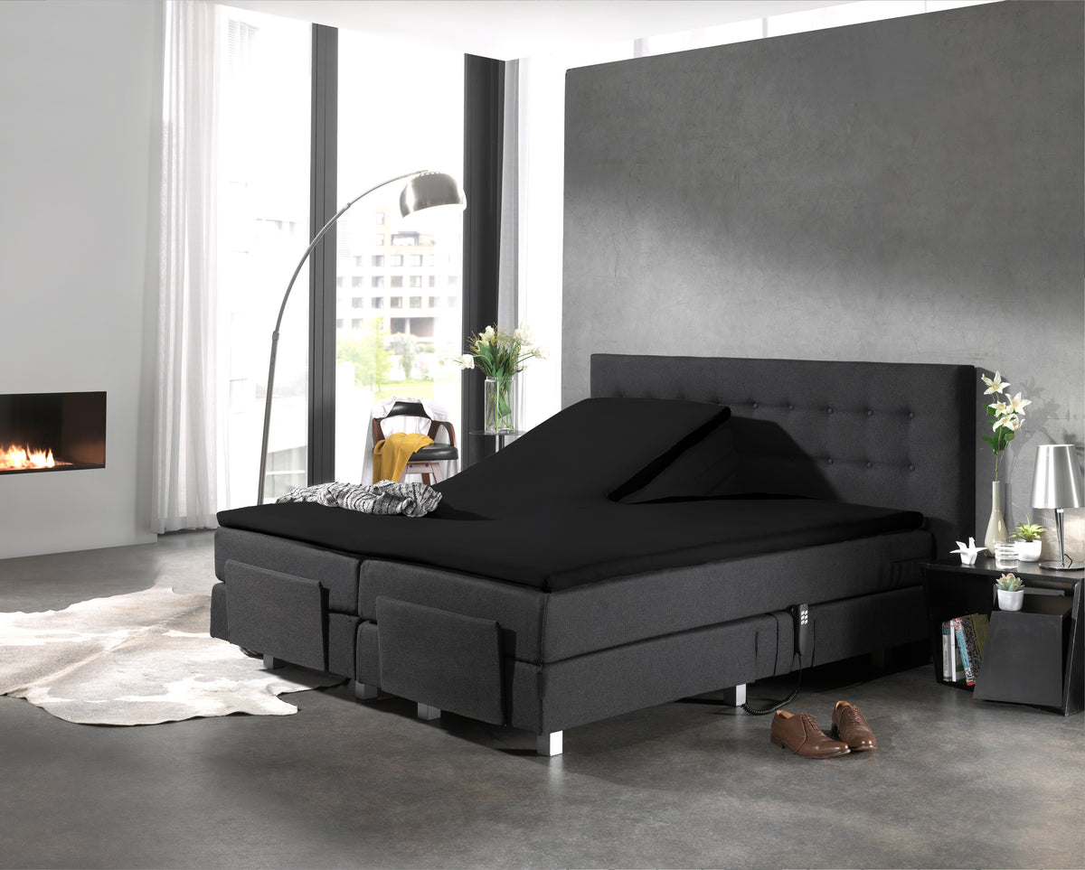 Hoeslaken splittopper katoen percal zwart 180 x 210 cm, split 90 cm, met rondom elastiek voor topmatras