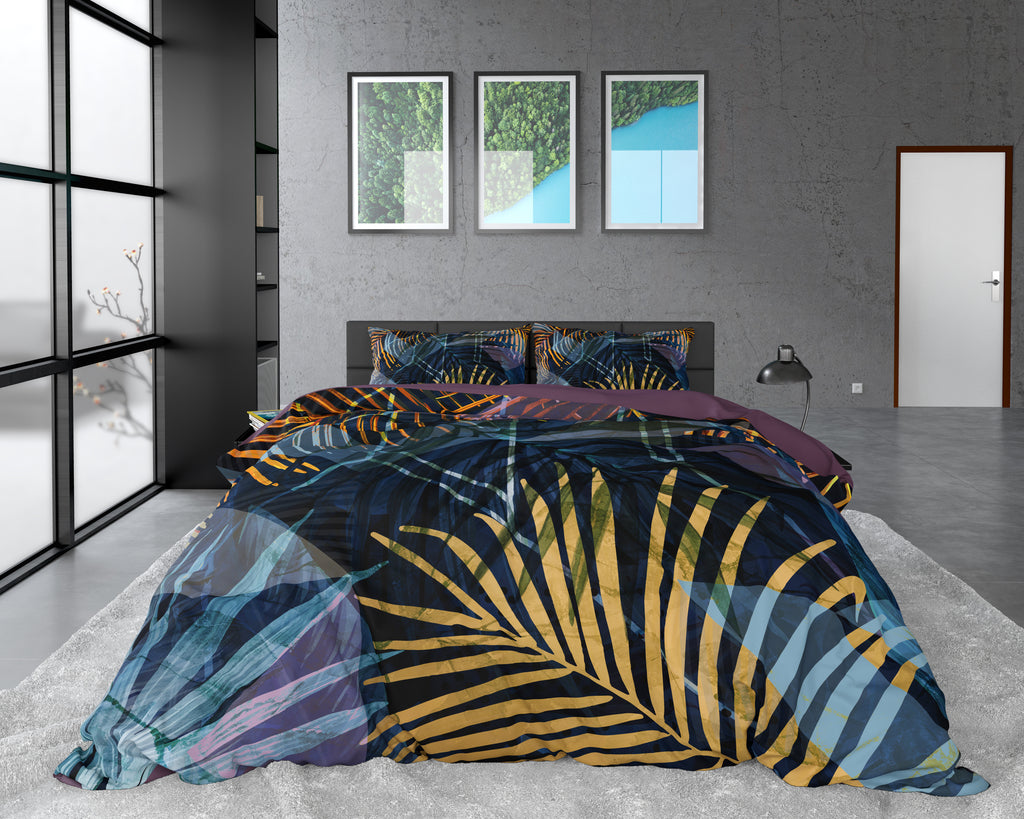 Dekbedovertrek katoensatijn marineblauw 240 x 220 cm, keerbaar met fantasieprint en kussenslopen