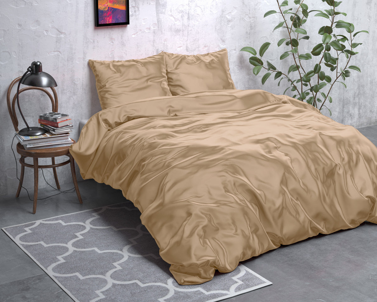 Dekbedovertrek micropercal satijn effen taupe 200 x 220 cm, met kussenslopen 60 x 70 cm
