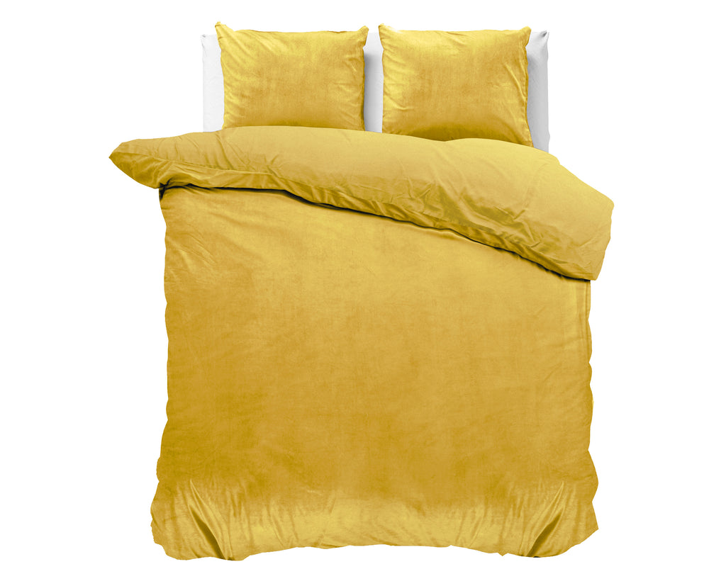 Dekbedovertrek fluweel polyester effen goud 200 x 220 cm, met kussenslopen 60 x 70 cm