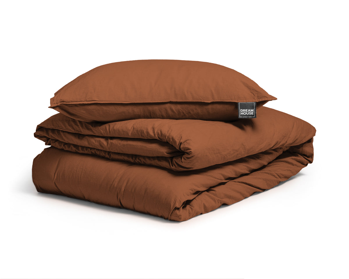 Dekbedovertrek katoen stonewashed bruin 140 x 220 cm, met kussenslopen 60 x 70 cm en opbergzak