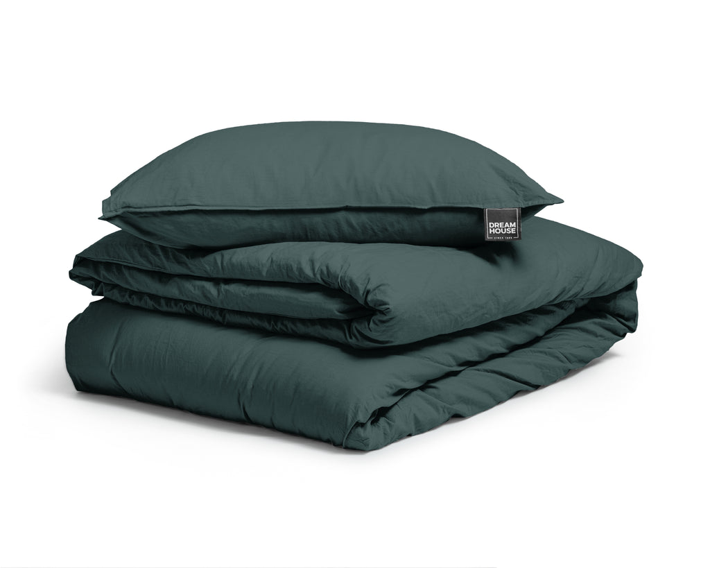 Dekbedovertrek katoen stonewashed donkergroen 140 x 220 cm, met kussenslopen 60 x 70 cm