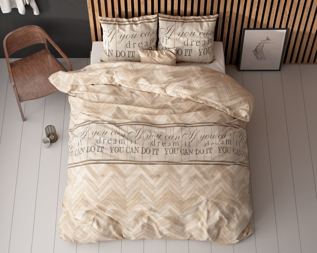 Dekbedovertrek visgraat katoen-polyester zand 200 x 220 cm, met kussenslopen 60 x 70 cm