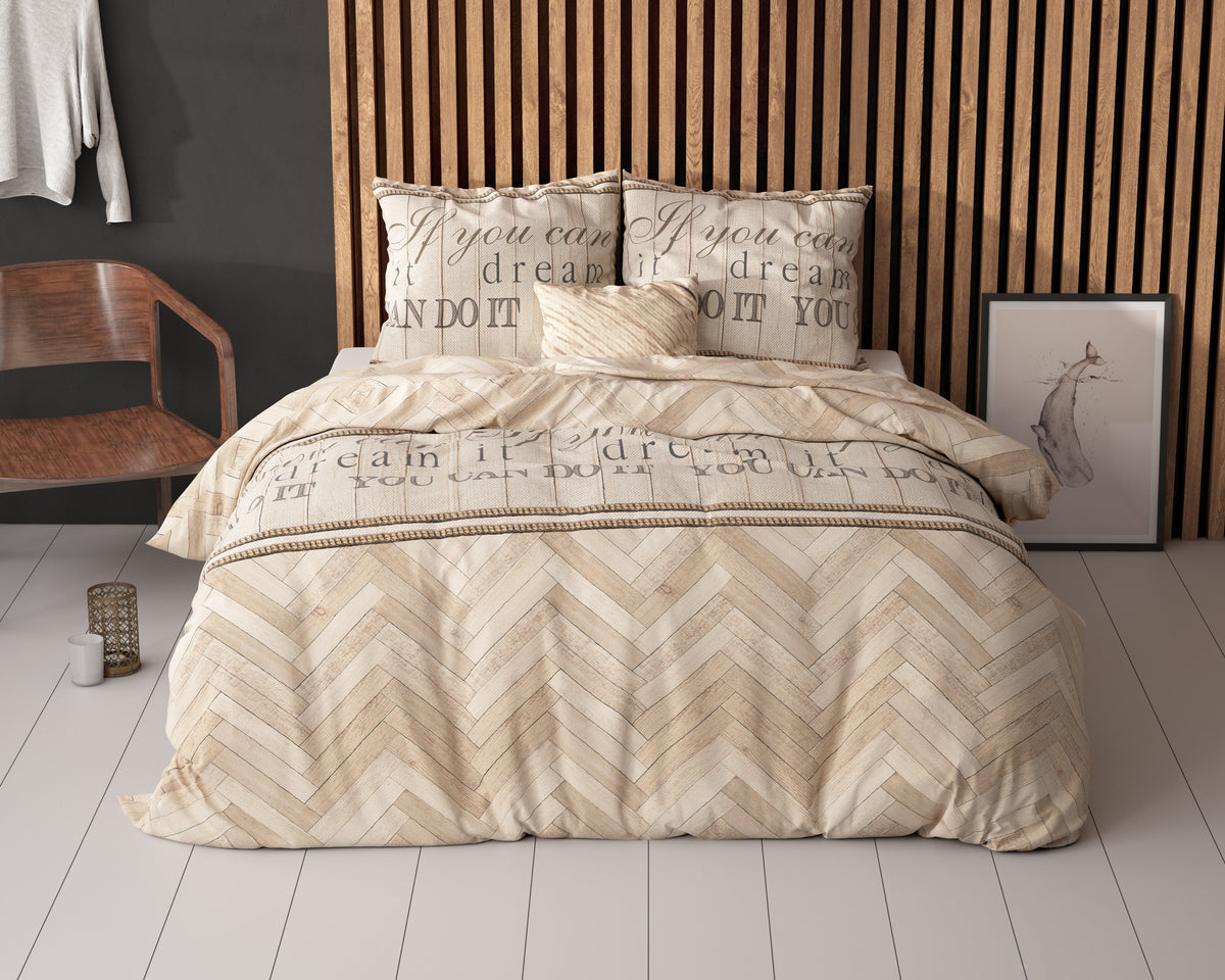 Dekbedovertrek visgraat katoen-polyester zand 200 x 220 cm, met kussenslopen 60 x 70 cm