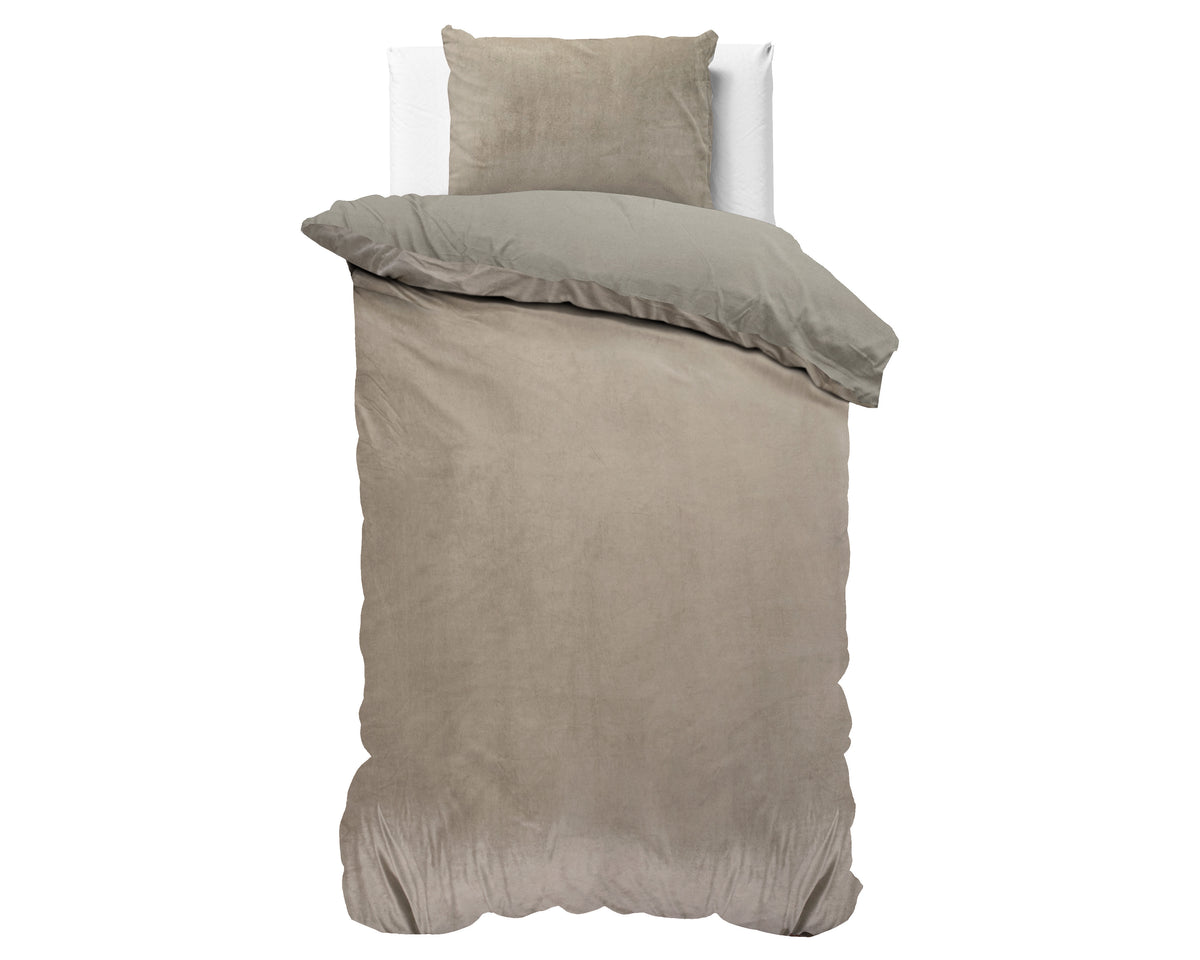 Dekbedovertrek fluweel effen taupe grijs 140 x 220 cm, met kussenslopen 60 x 70 cm voor de slaapkamer