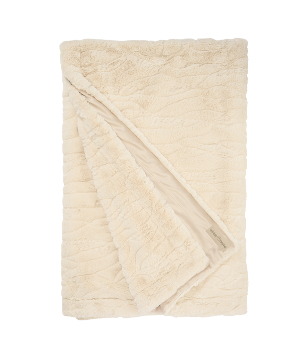 Opgevouwen beige faux fur plaid met gestructureerd oppervlak en glad satijnachtig randje