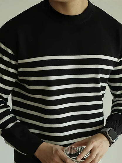 Striped men's long-sleeve crew-neck shirt, black and white