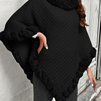 Damen Poncho gestrickt mit Kunstfellbesatz Wickelponcho