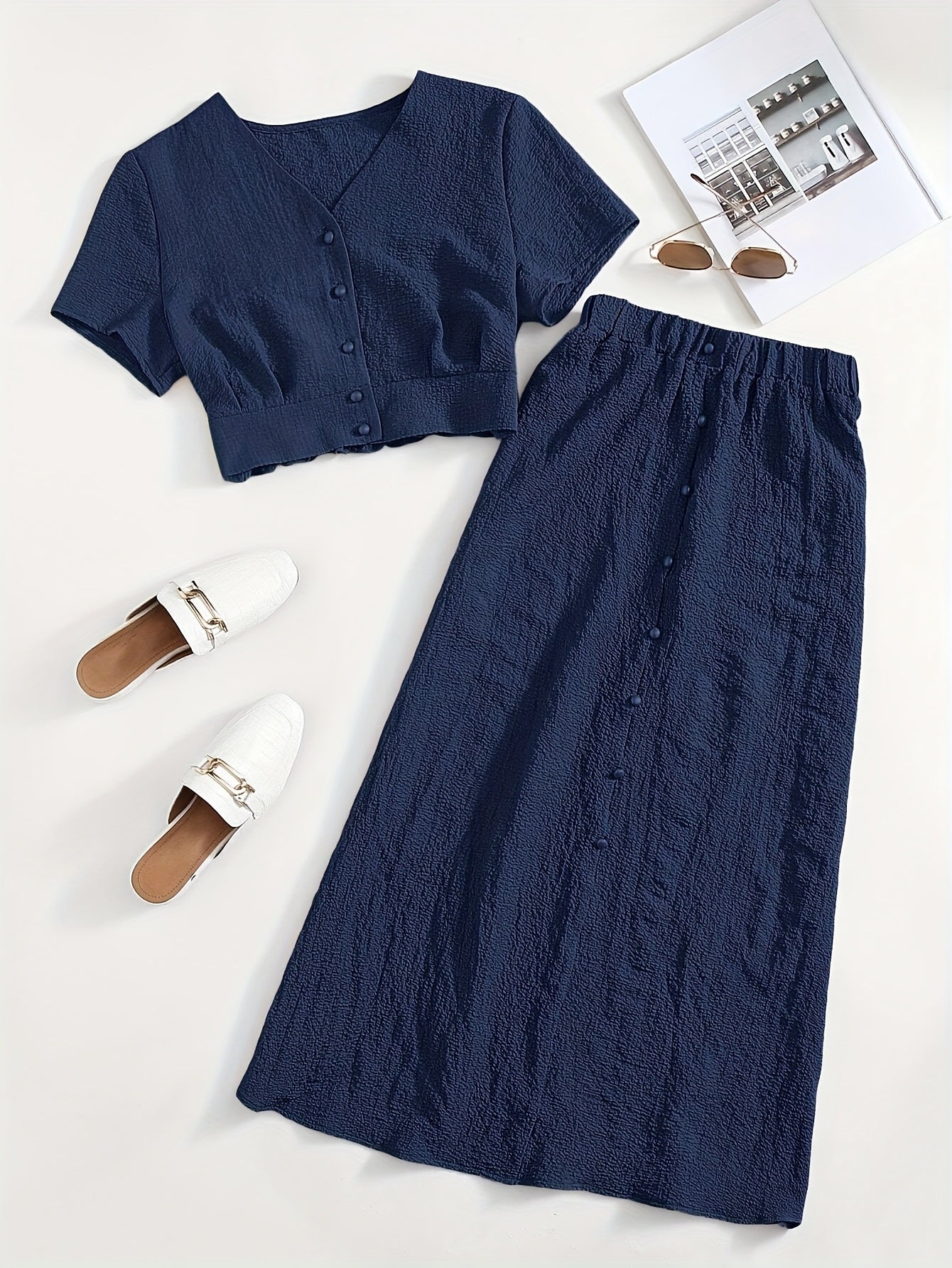Women's Two-Piece Set – Elegant Button-Down Crop Top & Midi Skirt for Everyday and Leisure