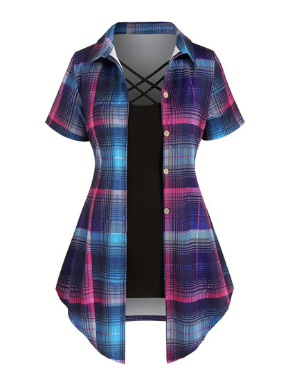 Women's plaid blouse with overlay and elegant look – summer casual shirt with cross detail