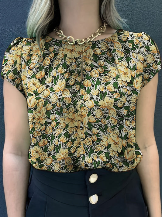 Women's blouse with floral pattern and short sleeves – Elegant style for office and leisure