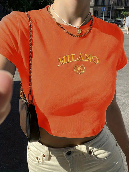 Damen Y2K Milano Crop Top T-Shirt mit Stickerei – Trendiges Sommer Streetwear