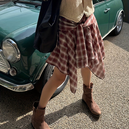 Women's Asymmetric Street-Style Skirt with Checkered Pattern and Knot Detail – Urban Casual Look