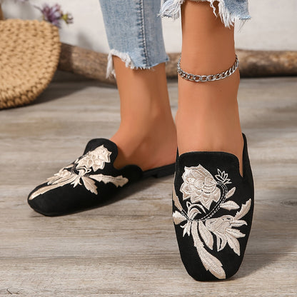 Women's Embroidered Slip-On Sandals – Fashionable Casual Shoes with Floral Pattern