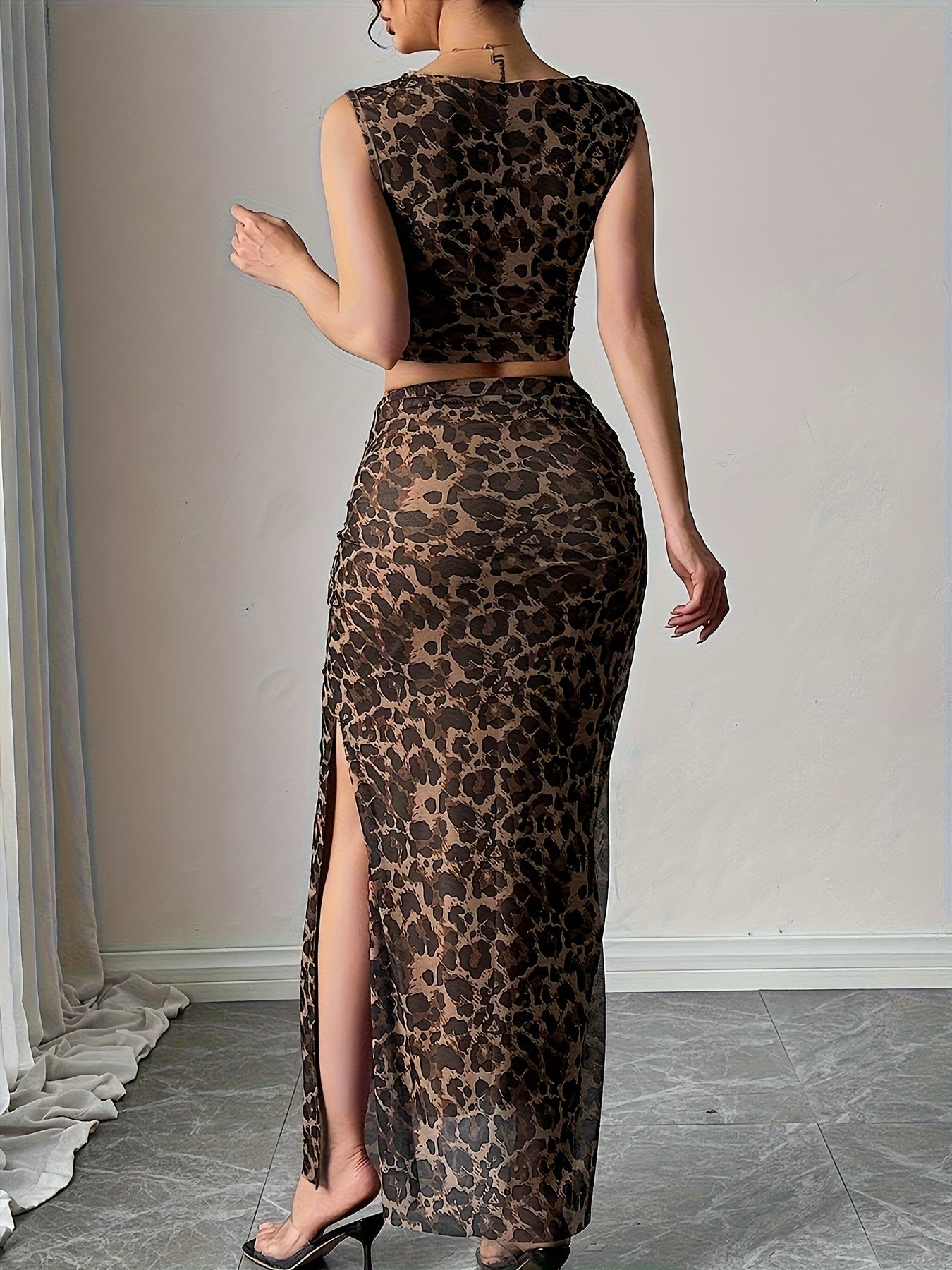 Women's Elegant Leopard Print Crop Top and Maxi Skirt Set – Perfect for Spring and Summer