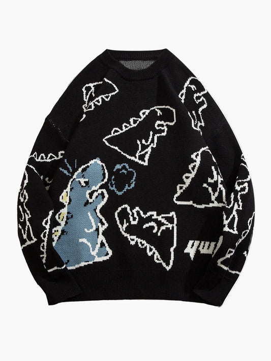Herren Pullover mit Cartoon-Dinosaurier-Muster, lässig, oversized, ideal für Herbst/Winter