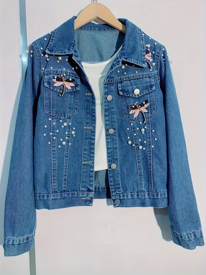 Women's denim jacket with blue pearl embellishments