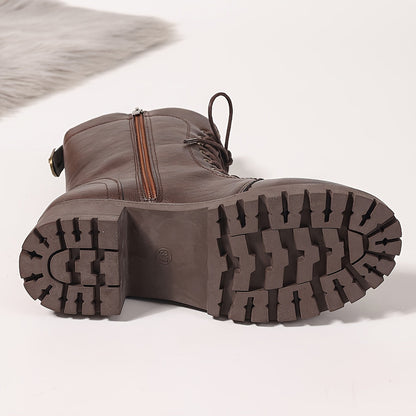 Women's brown lace-up boots with lining and lug soles