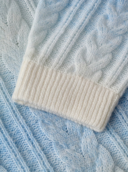 Damen Grobstrick Pullover Hellblau Weiß Zopfmuster Rundhals Weich